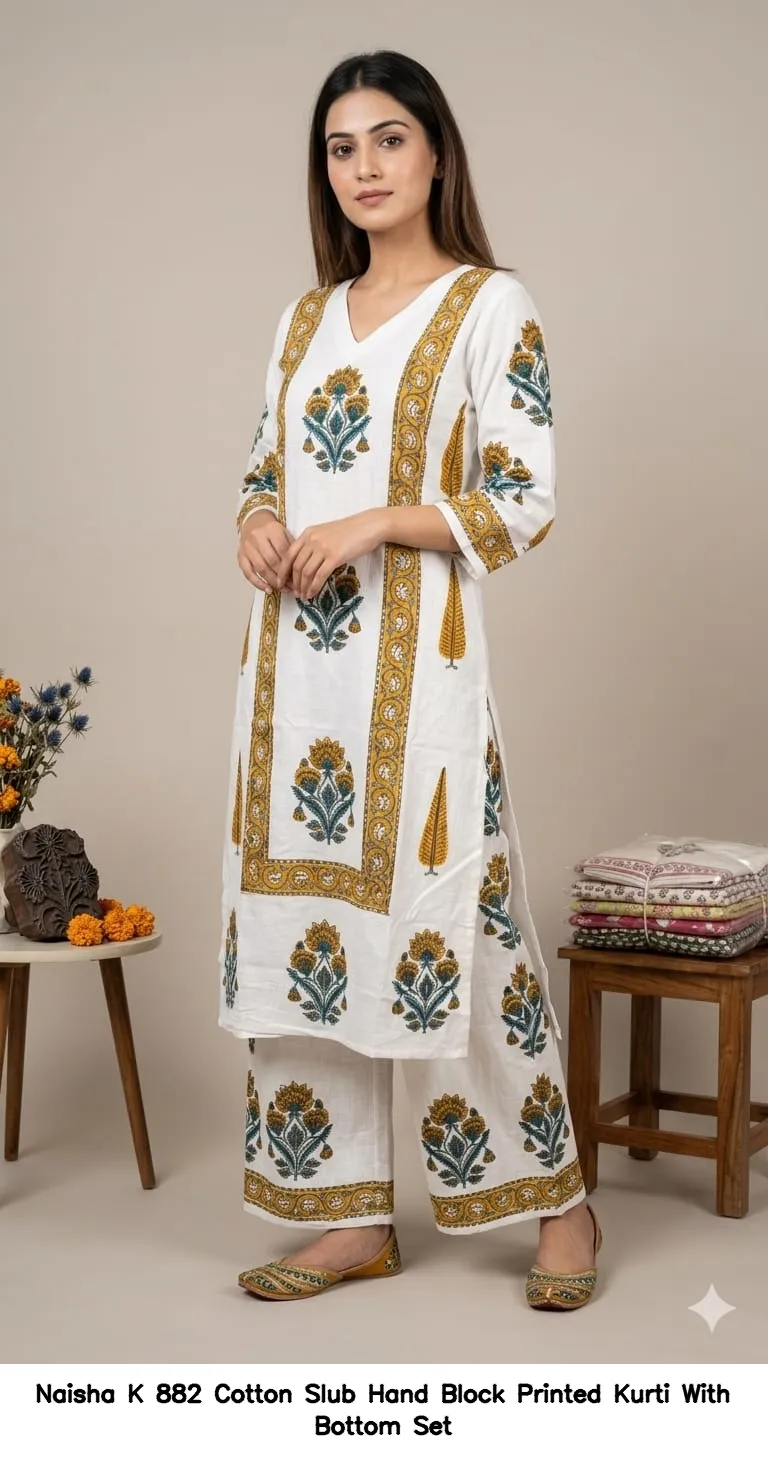 Naisha K 882 Cotton Slub Hand Block Printed Kurti With Bottom Set — Wholesale Cotton Kurti Pant Set, Naisha wholesale from Surat — view 6