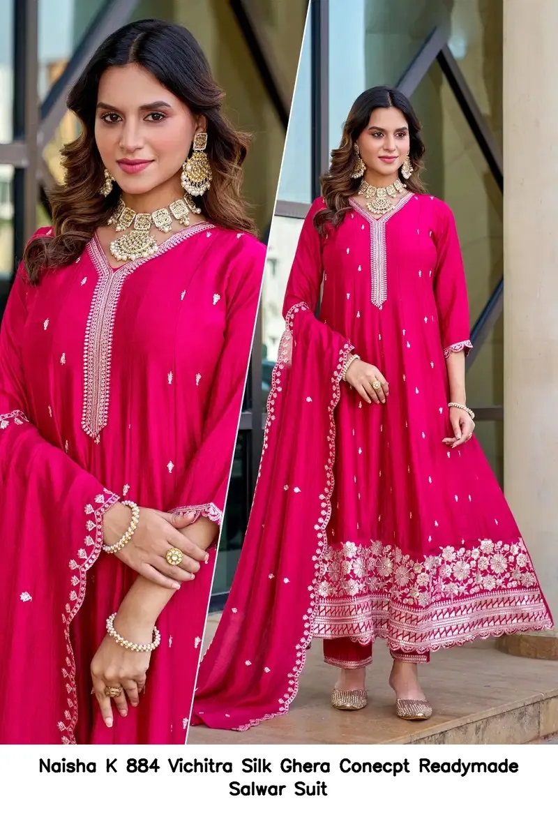 Naisha K 884 Vichitra Silk Ghera Conecpt Readymade Salwar Suit — Wholesale Salwar Suits, Naisha wholesale from Surat - Gallery Image 2