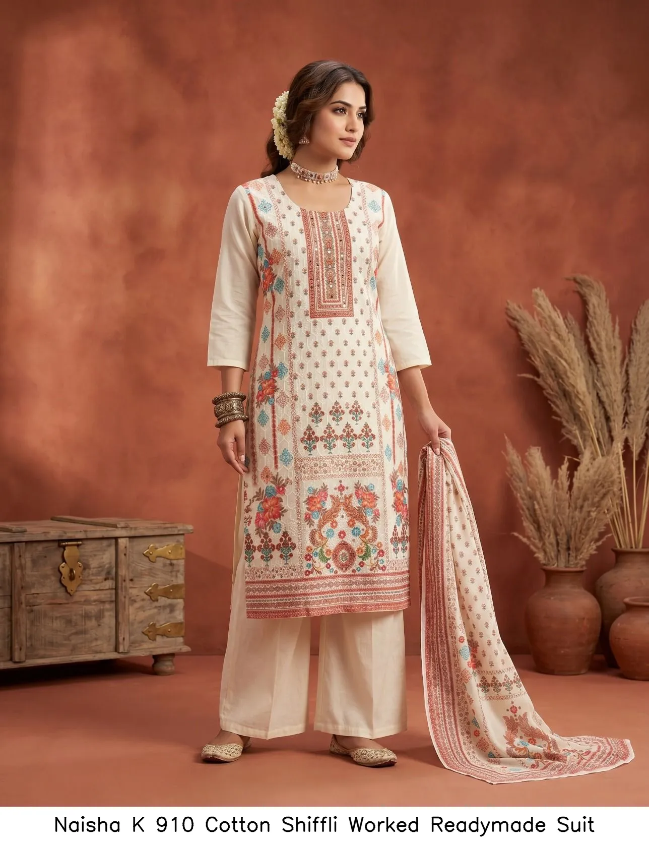Naisha K 910 Cotton Shiffli Worked Readymade Suit — Designer Readymade Suits, Naisha wholesale from Surat - Gallery Image 2