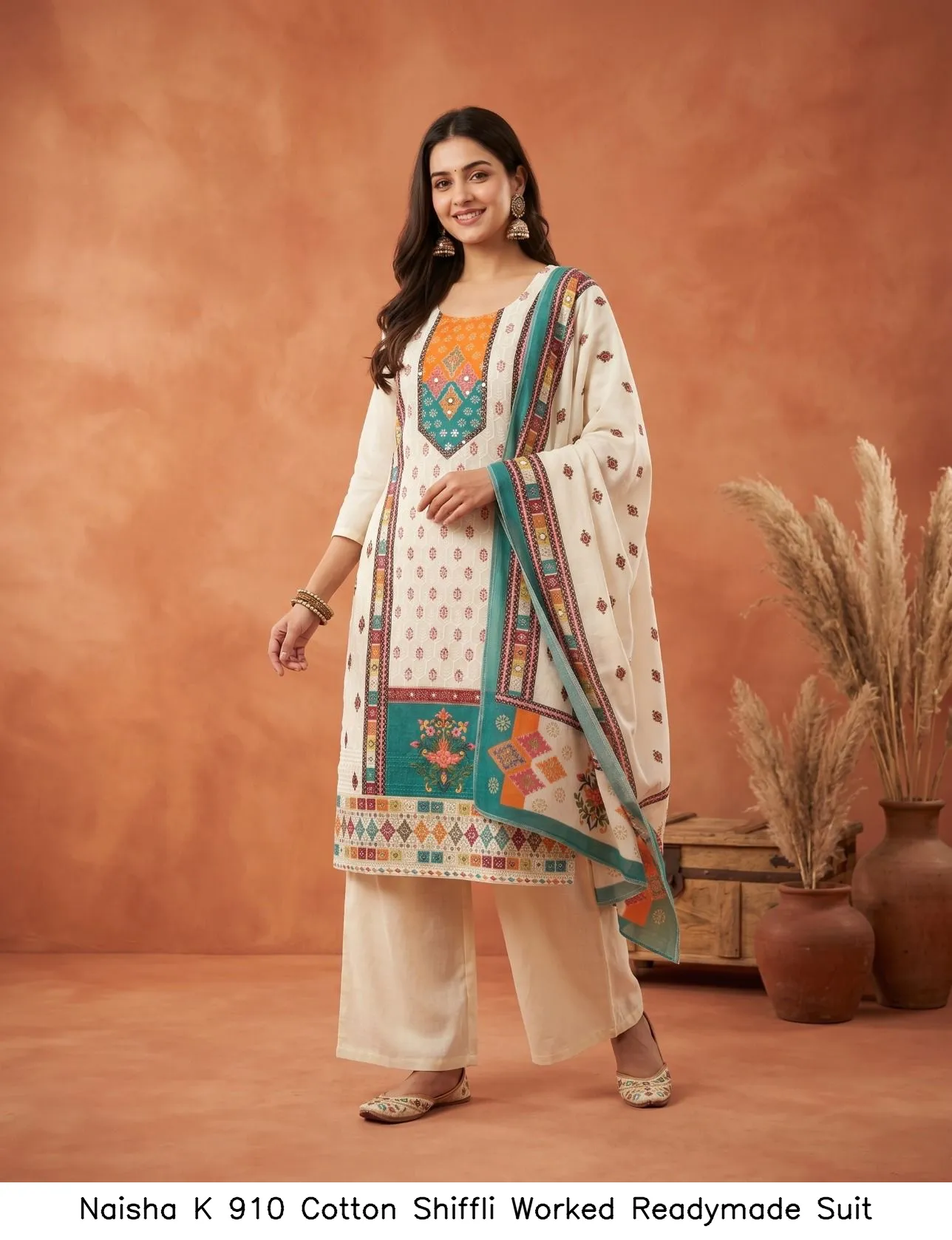 Naisha K 910 Cotton Shiffli Worked Readymade Suit — Designer Readymade Suits, Naisha wholesale from Surat - Gallery Image 3