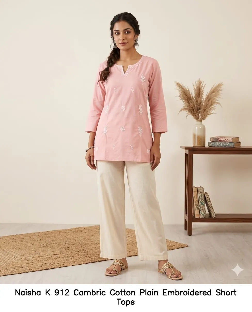 Naisha K 912 Cambric Cotton Plain Embroidered Short Tops — Western Wear, Naisha wholesale from Surat — view 2