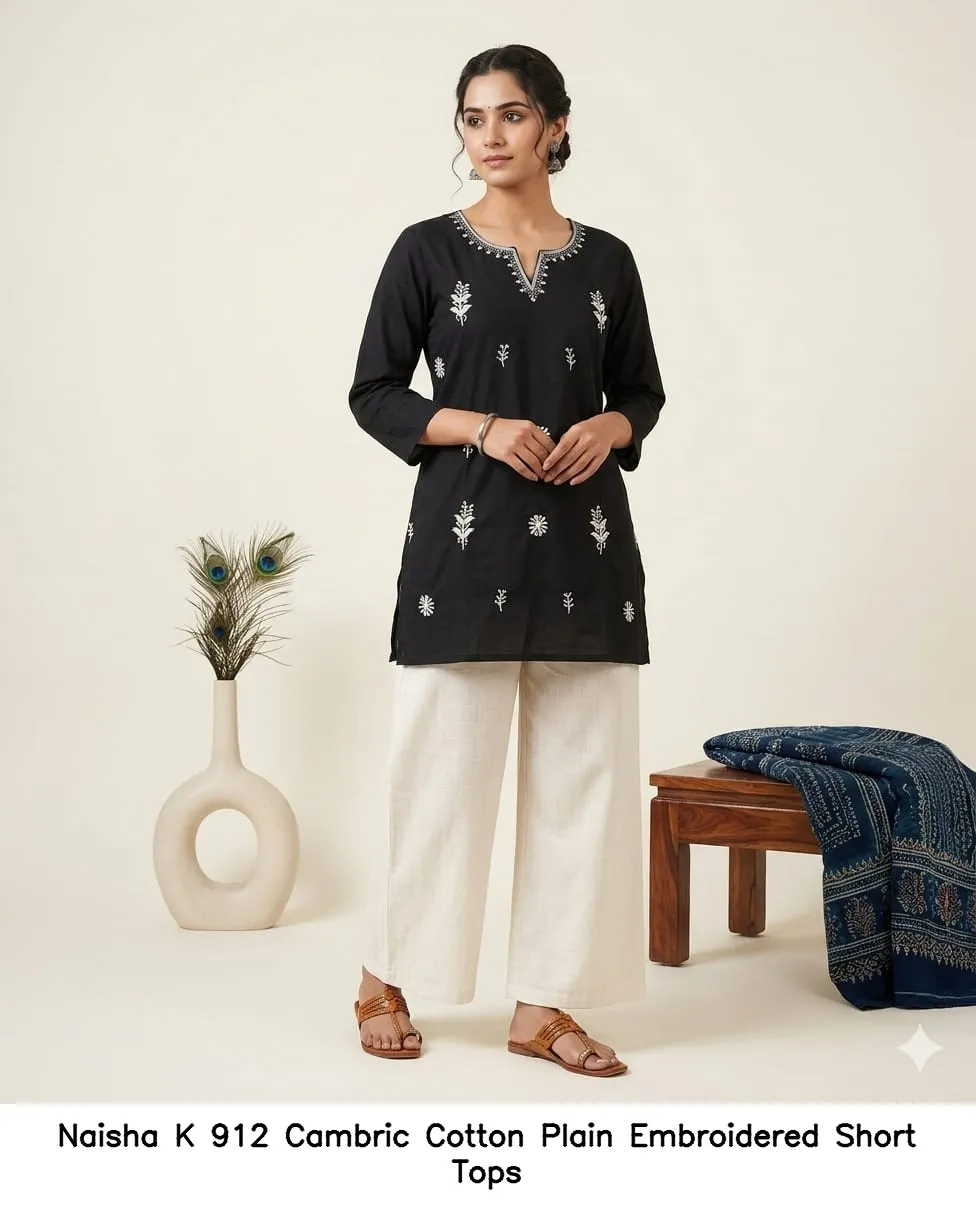 Naisha K 912 Cambric Cotton Plain Embroidered Short Tops — Western Wear, Naisha wholesale from Surat — view 3