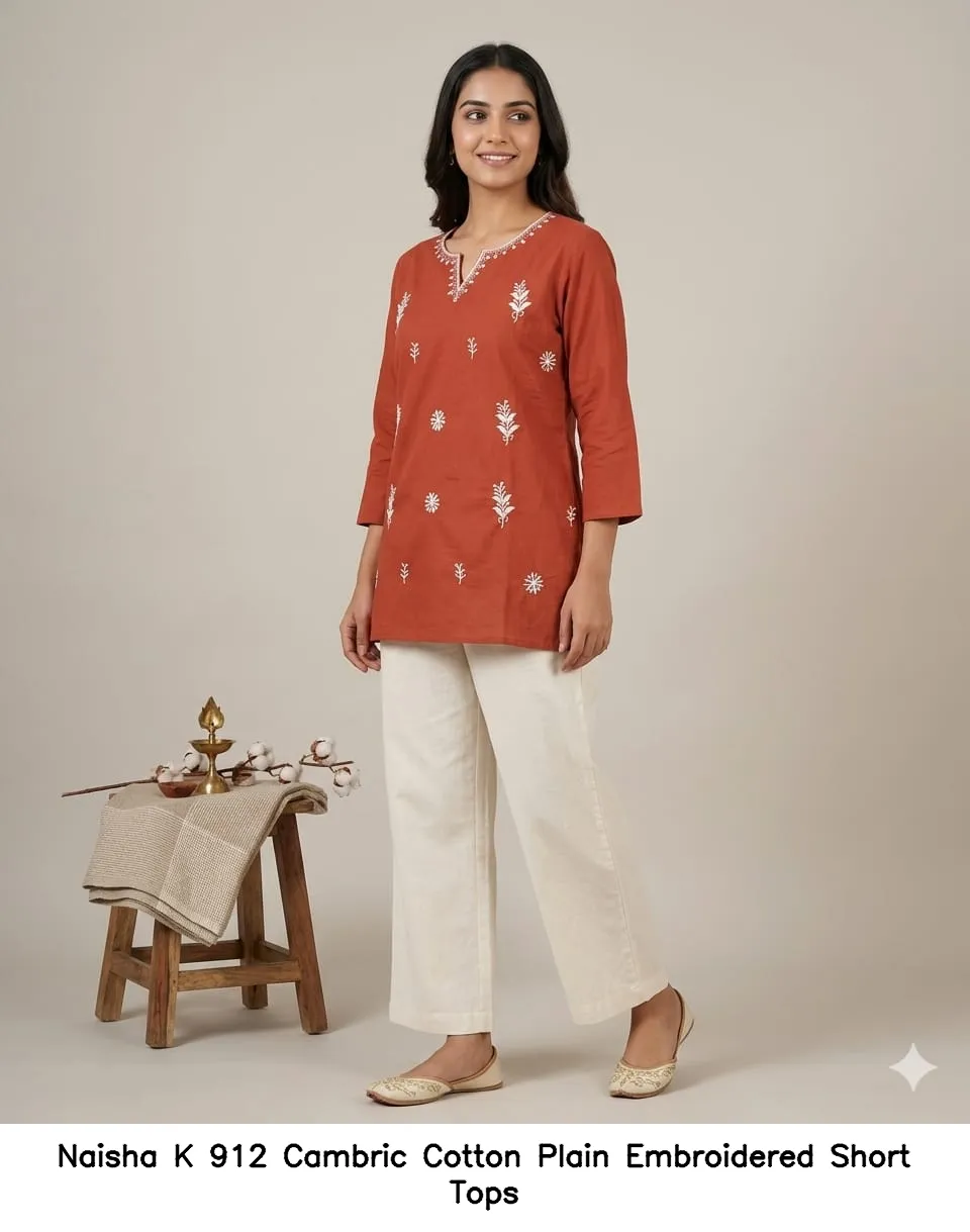 Naisha K 912 Cambric Cotton Plain Embroidered Short Tops — Western Wear, Naisha wholesale from Surat — view 4