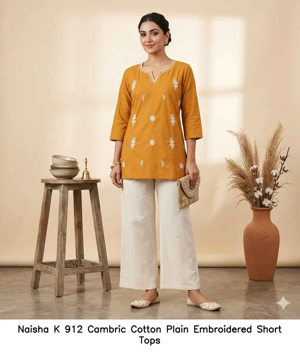 Naisha K 912 Cambric Cotton Plain Embroidered Short Tops — Western Wear, Naisha wholesale from Surat — view 5