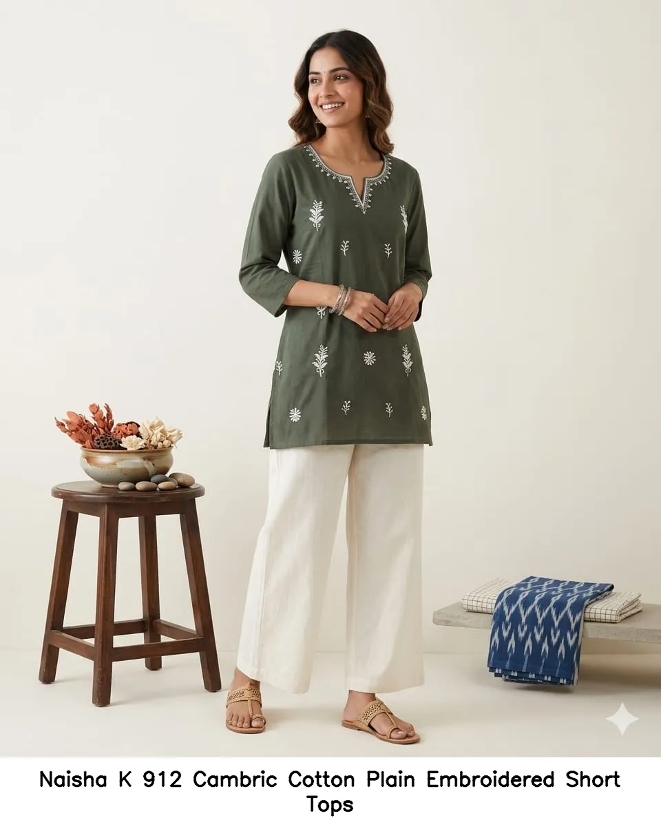 Naisha K 912 Cambric Cotton Plain Embroidered Short Tops — Western Wear, Naisha wholesale from Surat — view 6