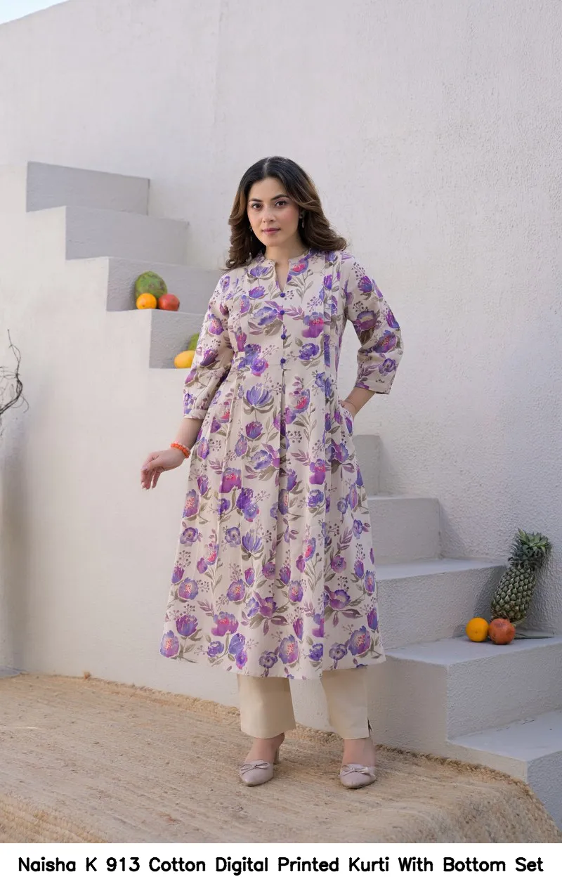 Naisha K 913 Cotton Digital Printed Kurti With Bottom Set — Wholesale Cotton Kurti Pant Set, Naisha wholesale from Surat — view 5