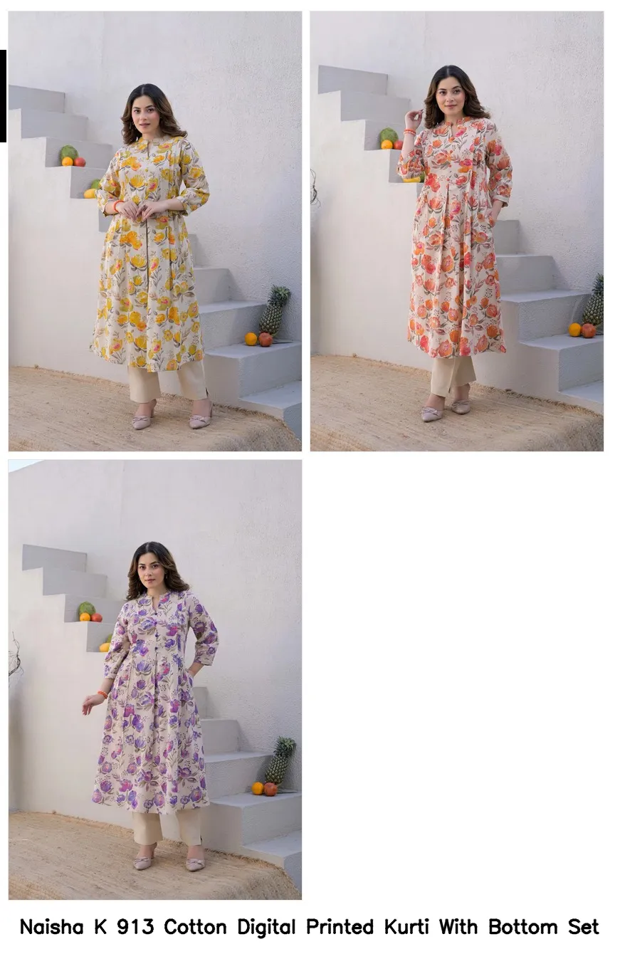 Naisha K 913 Cotton Digital Printed Kurti With Bottom Set — Wholesale Cotton Kurti Pant Set, Naisha wholesale from Surat — view 7