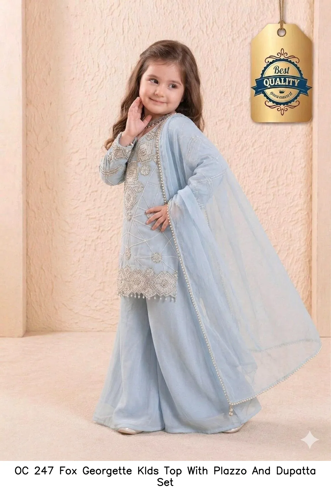 OC 247 Fox Georgette KIds Top With Plazzo And Dupatta Set — Kid's Wear, Vardan Ethnic wholesale from Surat - Gallery Image 4