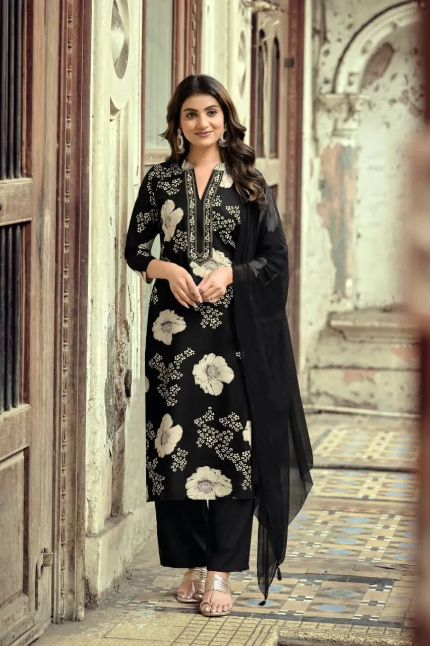 Ossm Mahima Rayon Embroidered Kurti With Bottom Dupatta Set — Wholesale Cotton Kurti Pant Set, Ossm wholesale from Surat — view 1