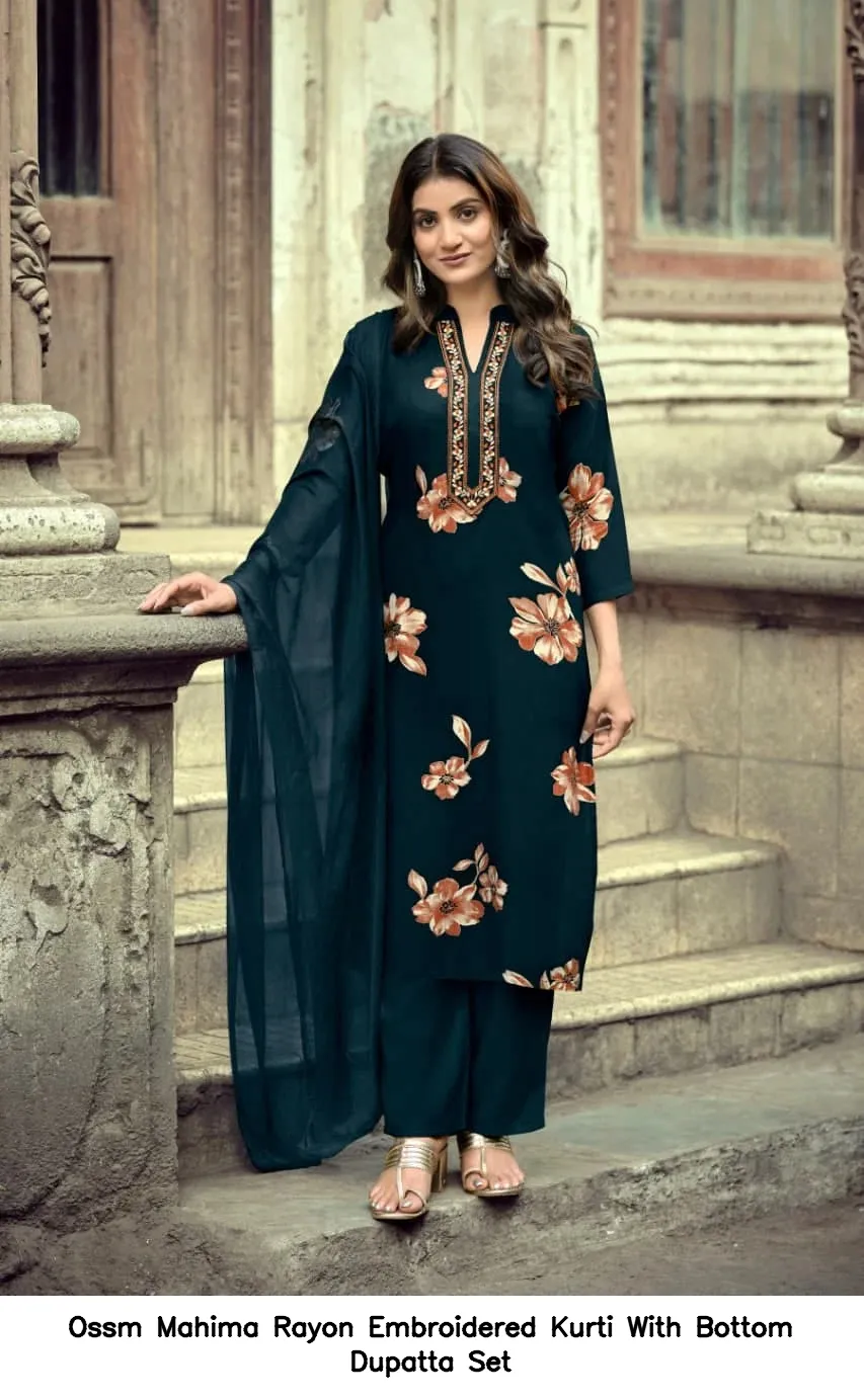 Ossm Mahima Rayon Embroidered Kurti With Bottom Dupatta Set — Wholesale Dress Material, Ossm wholesale from Surat — Photo 4