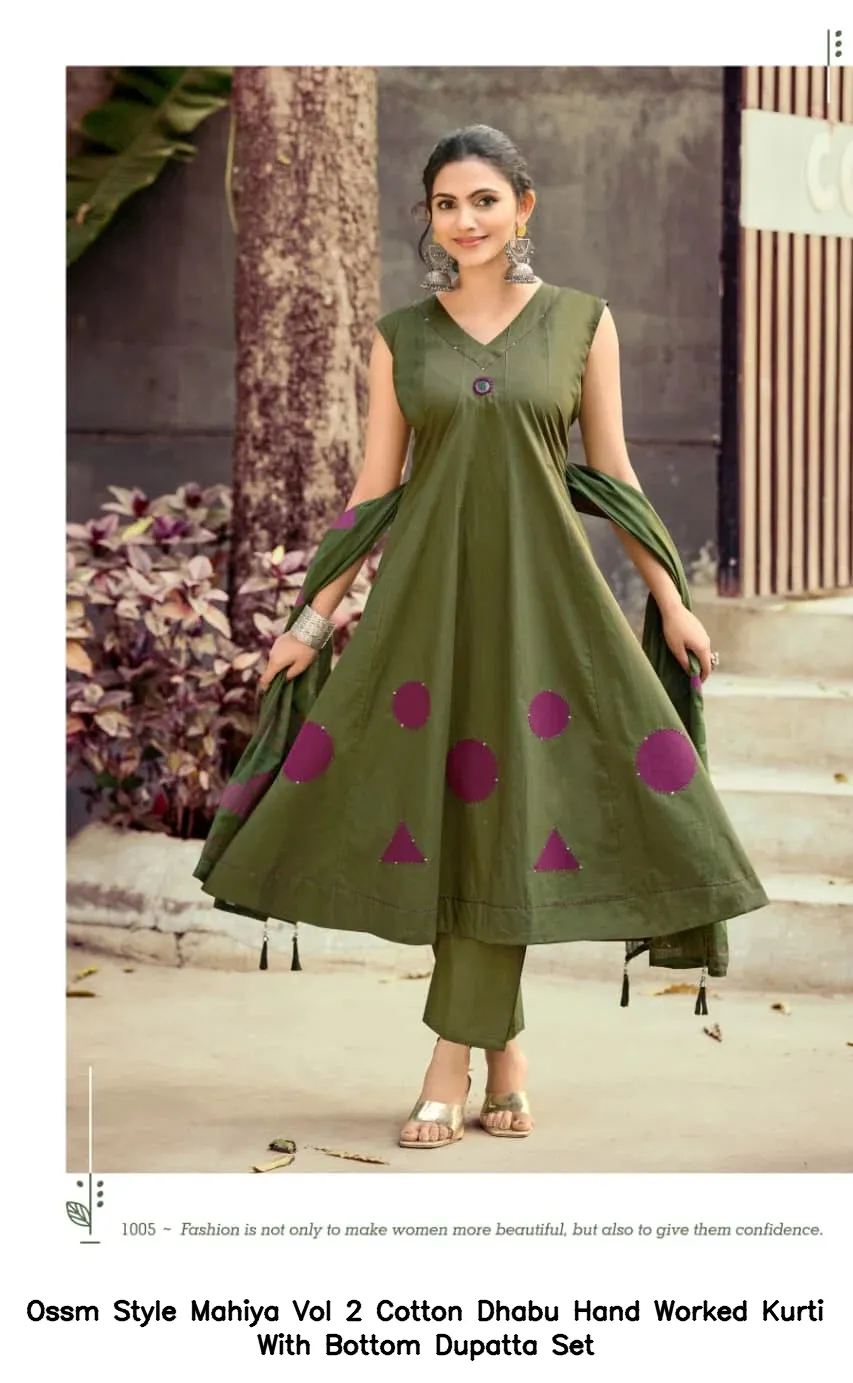 Ossm Style Mahiya Vol 2 Cotton Dhabu Hand Worked Kurti With Bottom Dupatta Set — Wholesale Kurti With Bottom Dupatta, Ossm wholesale from Surat - Gallery Image 2