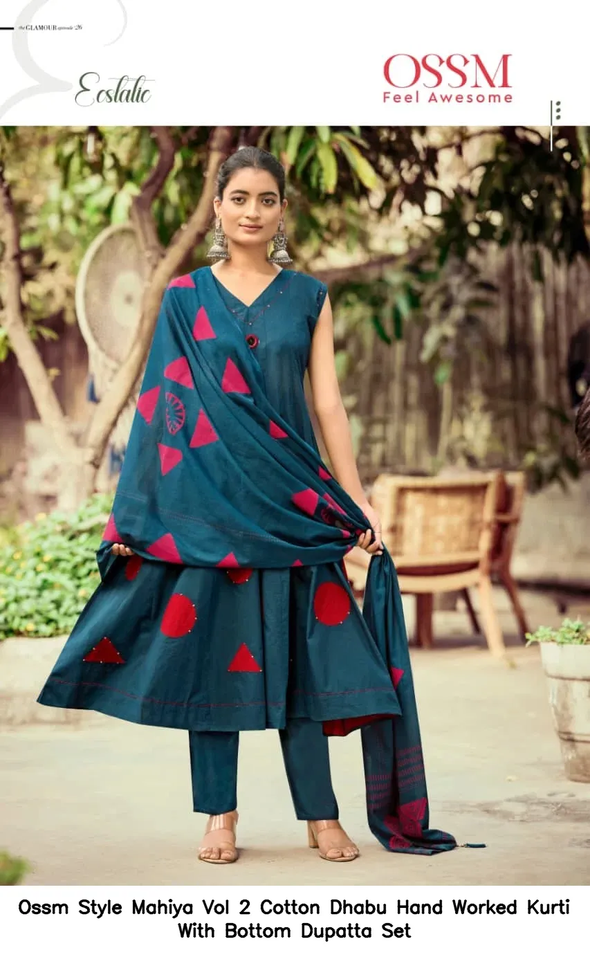 Ossm Style Mahiya Vol 2 Cotton Dhabu Hand Worked Kurti With Bottom Dupatta Set — Wholesale Kurti With Bottom Dupatta, Ossm wholesale from Surat - Gallery Image 4