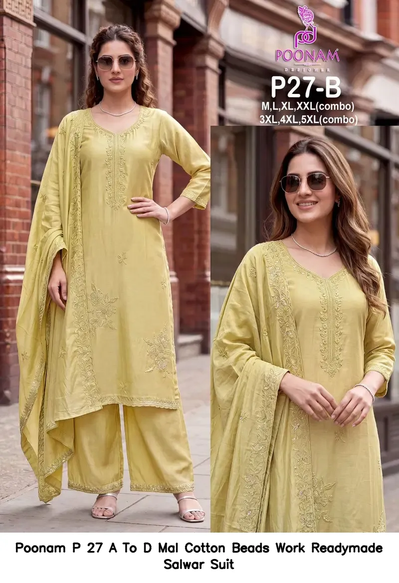 Poonam P 27 A To D Mal Cotton Beads Work Readymade Salwar Suit — Wholesale Kurti With Bottom Dupatta, Poonam'S wholesale from Surat - Gallery Image 3