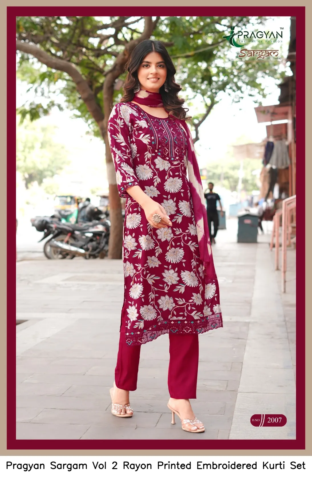Pragyan Sargam Vol 2 Rayon Printed Embroidered Kurti Set — Wholesale Kurti With Bottom Dupatta, Vardan Ethnic wholesale from Surat — view 10