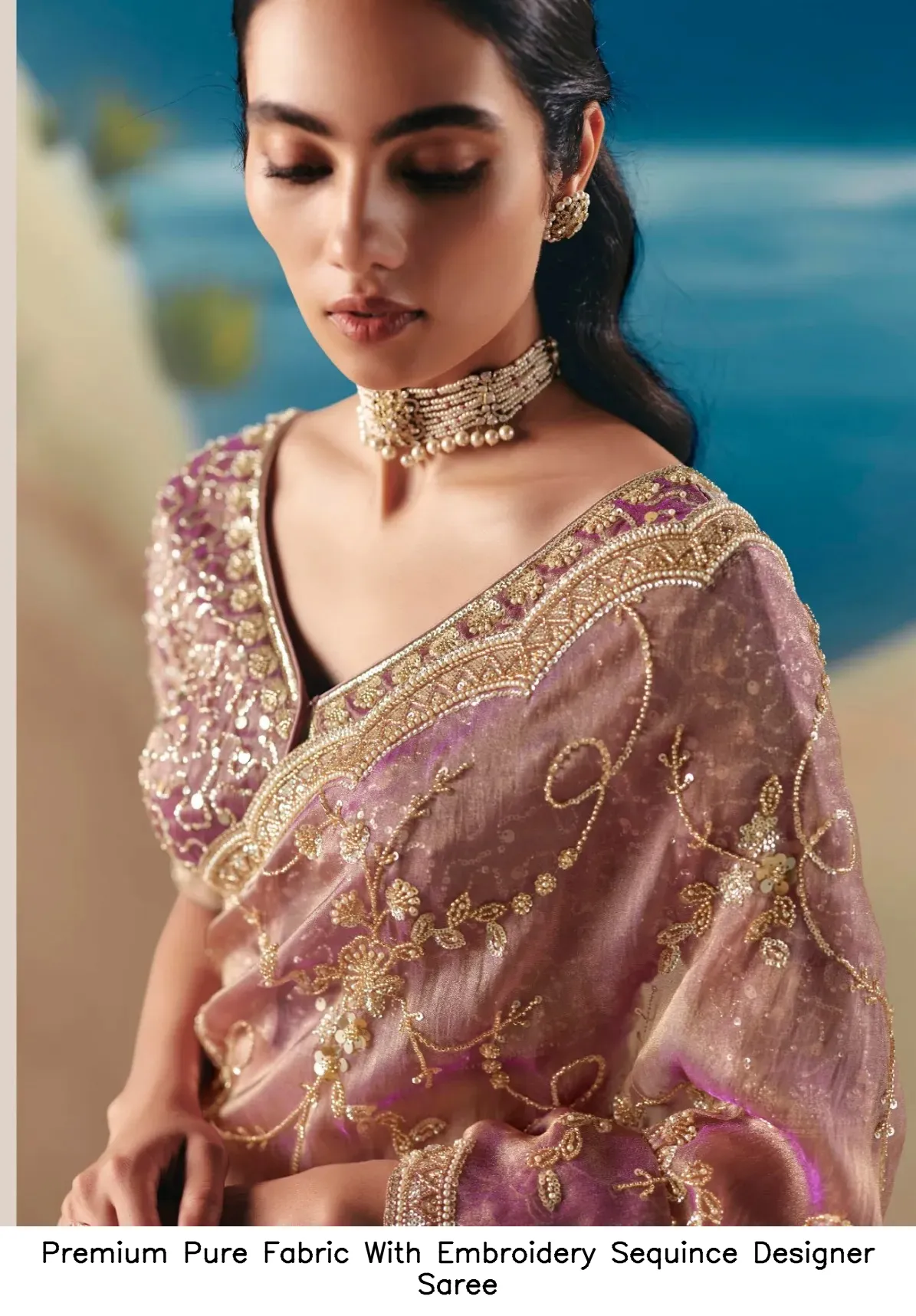 Premium Pure Fabric With Embroidery Sequince Designer Saree — Wholesale Sarees, Vardan Ethnic wholesale from Surat - Gallery Image 2