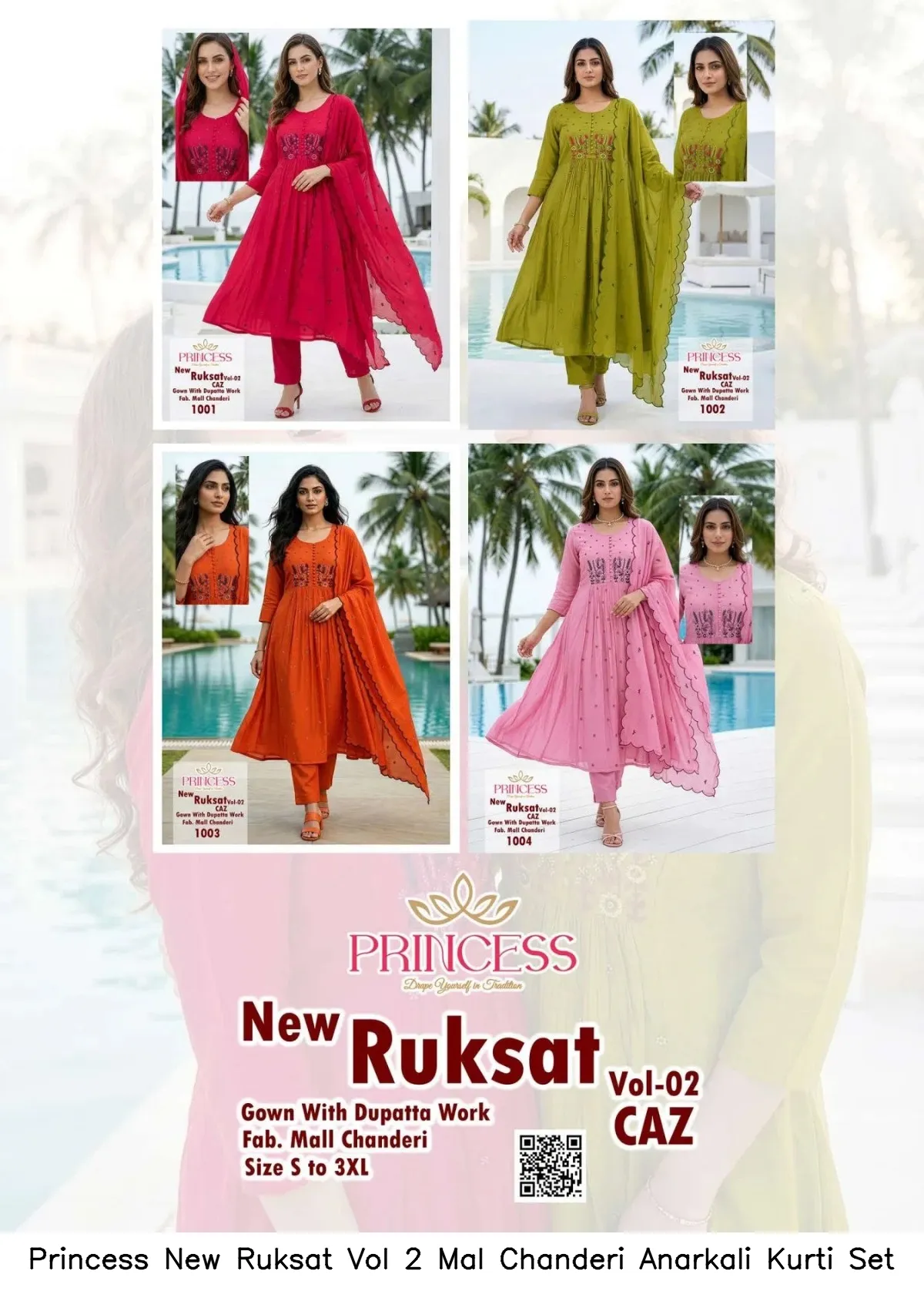 Princess New Ruksat Vol 2 Mal Chanderi Anarkali Kurti Set — Wholesale Kurti With Bottom Dupatta, Princess wholesale from Surat — view 2
