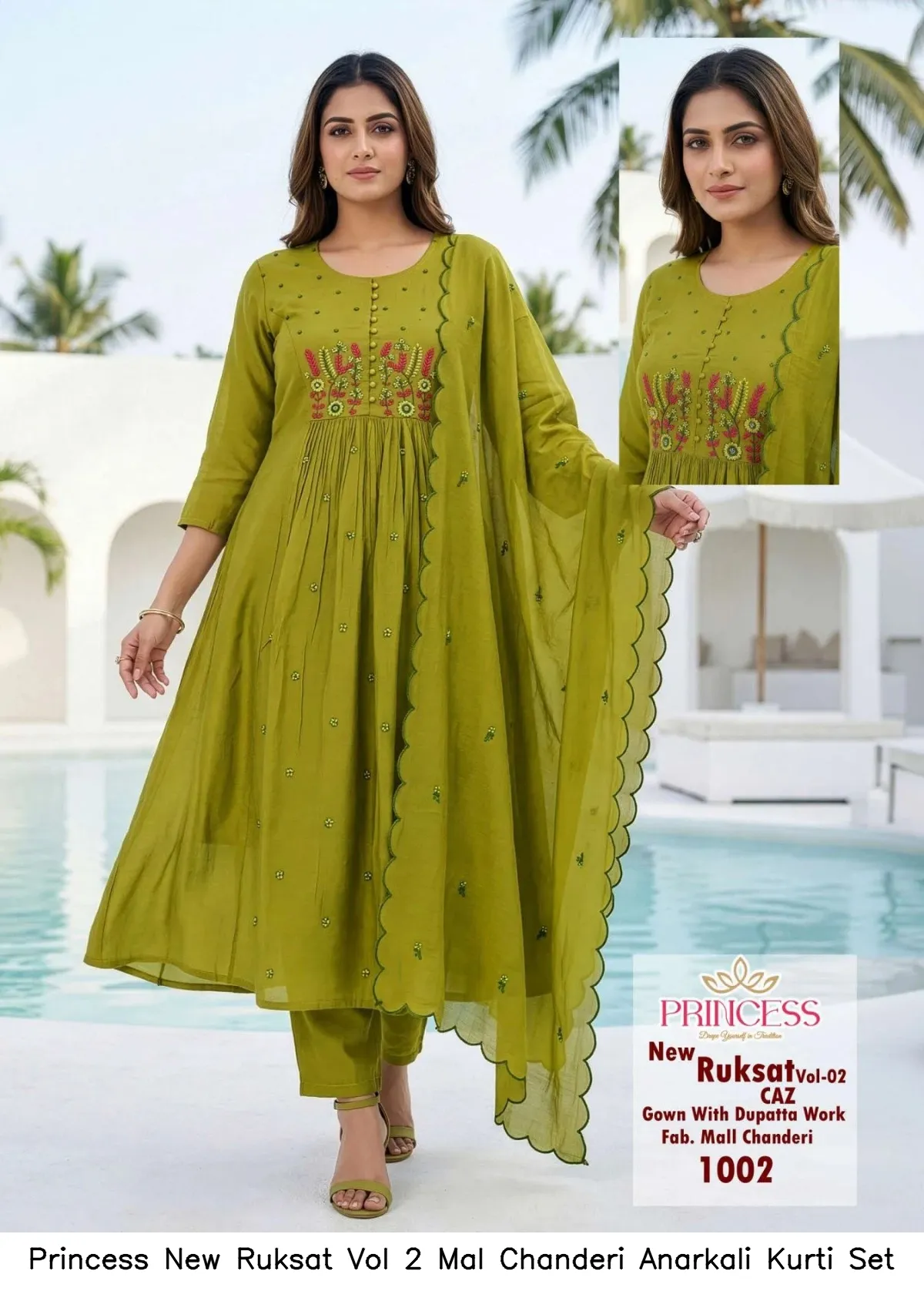 Princess New Ruksat Vol 2 Mal Chanderi Anarkali Kurti Set — Wholesale Kurti With Bottom Dupatta, Princess wholesale from Surat — view 3