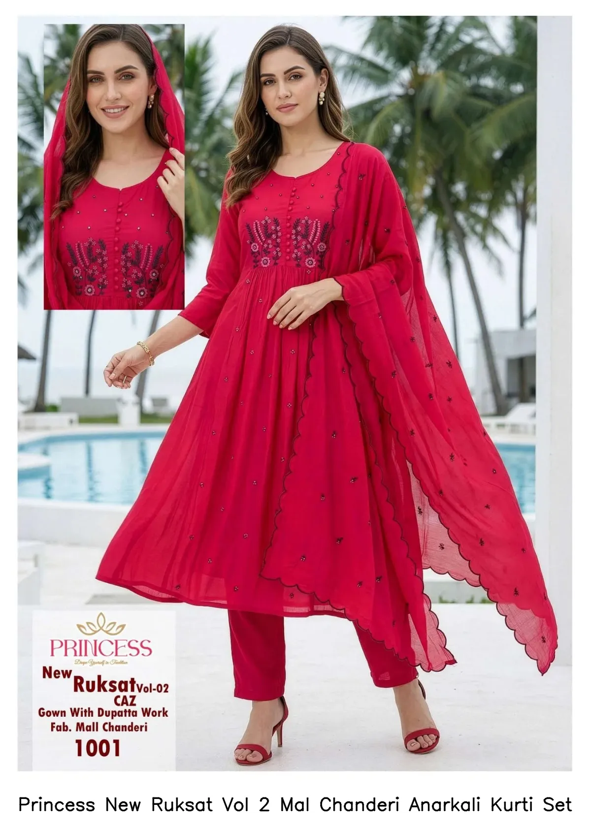 Princess New Ruksat Vol 2 Mal Chanderi Anarkali Kurti Set — Wholesale Kurti With Bottom Dupatta, Princess wholesale from Surat — view 4