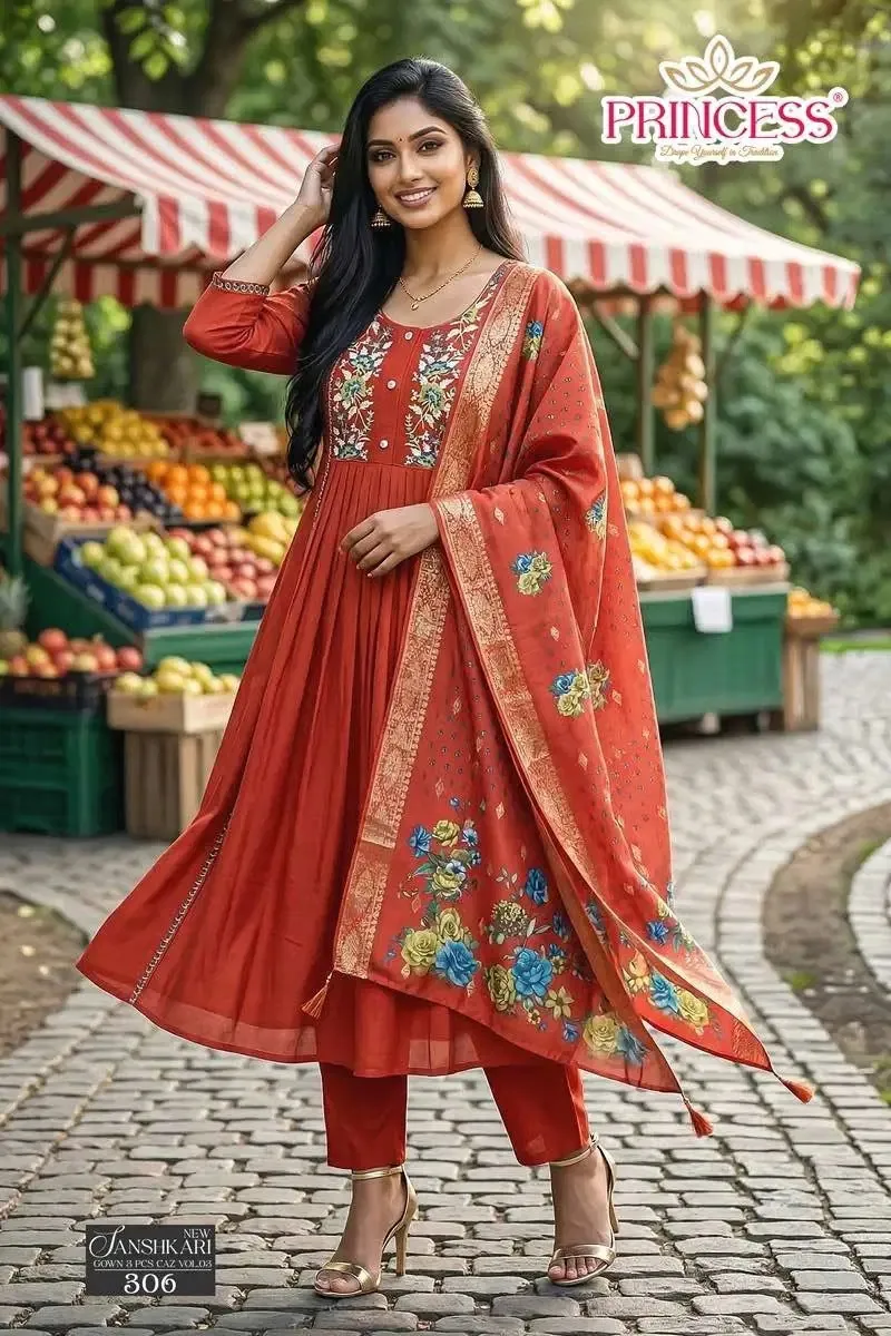 Princess New Sanshkari Mal Chanderi Anarkali Kurti Set — Wholesale Kurti With Bottom Dupatta, Princess wholesale from Surat — view 1