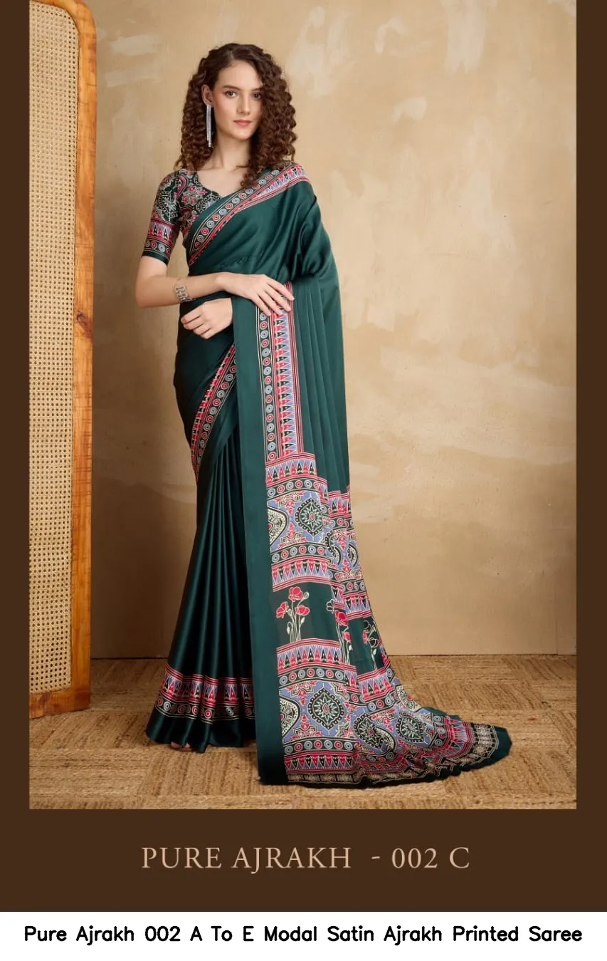 Pure Ajrakh 002 A To E Modal Satin Ajrakh Printed Saree — Wholesale Sarees, Vardan Ethnic wholesale from Surat - Gallery Image 2