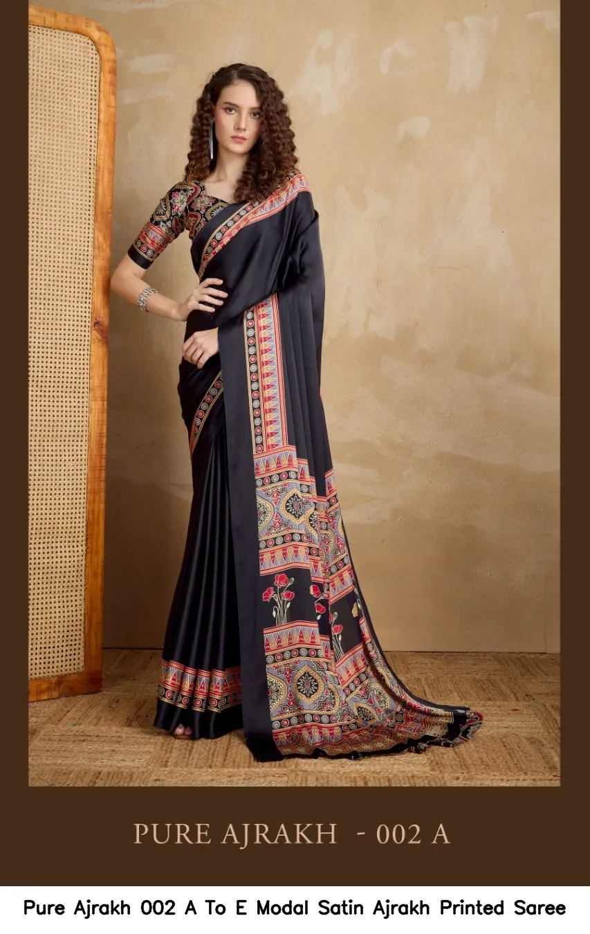Pure Ajrakh 002 A To E Modal Satin Ajrakh Printed Saree — Wholesale Sarees, Vardan Ethnic wholesale from Surat - Gallery Image 3