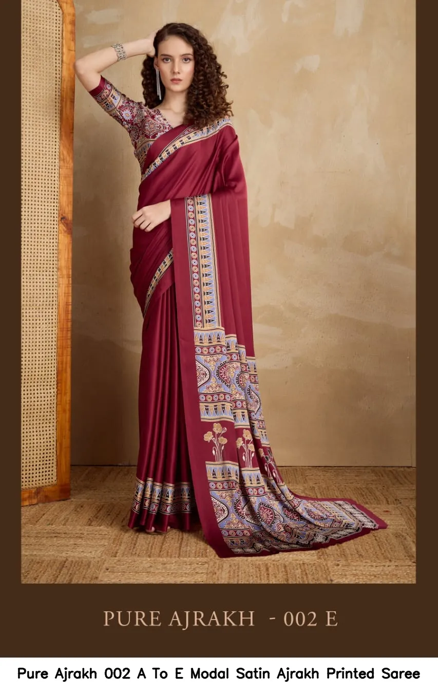 Pure Ajrakh 002 A To E Modal Satin Ajrakh Printed Saree — Wholesale Sarees, Vardan Ethnic wholesale from Surat - Gallery Image 4