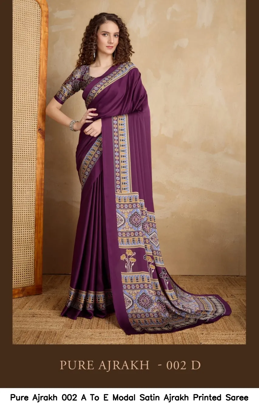 Pure Ajrakh 002 A To E Modal Satin Ajrakh Printed Saree — Wholesale Sarees, Vardan Ethnic wholesale from Surat — view 5