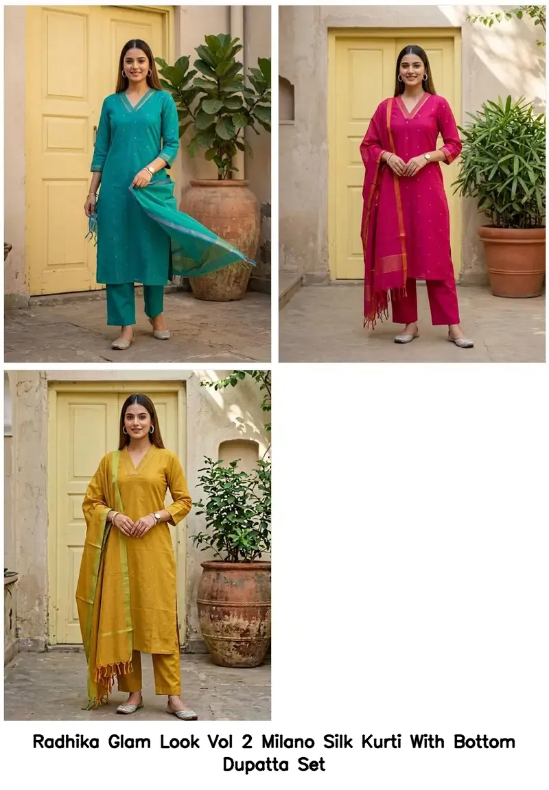 Radhika Glam Look Vol 2 Milano Silk Kurti With Bottom Dupatta Set — Wholesale Sharara Suits, Radhika wholesale from Surat - Gallery Image 2