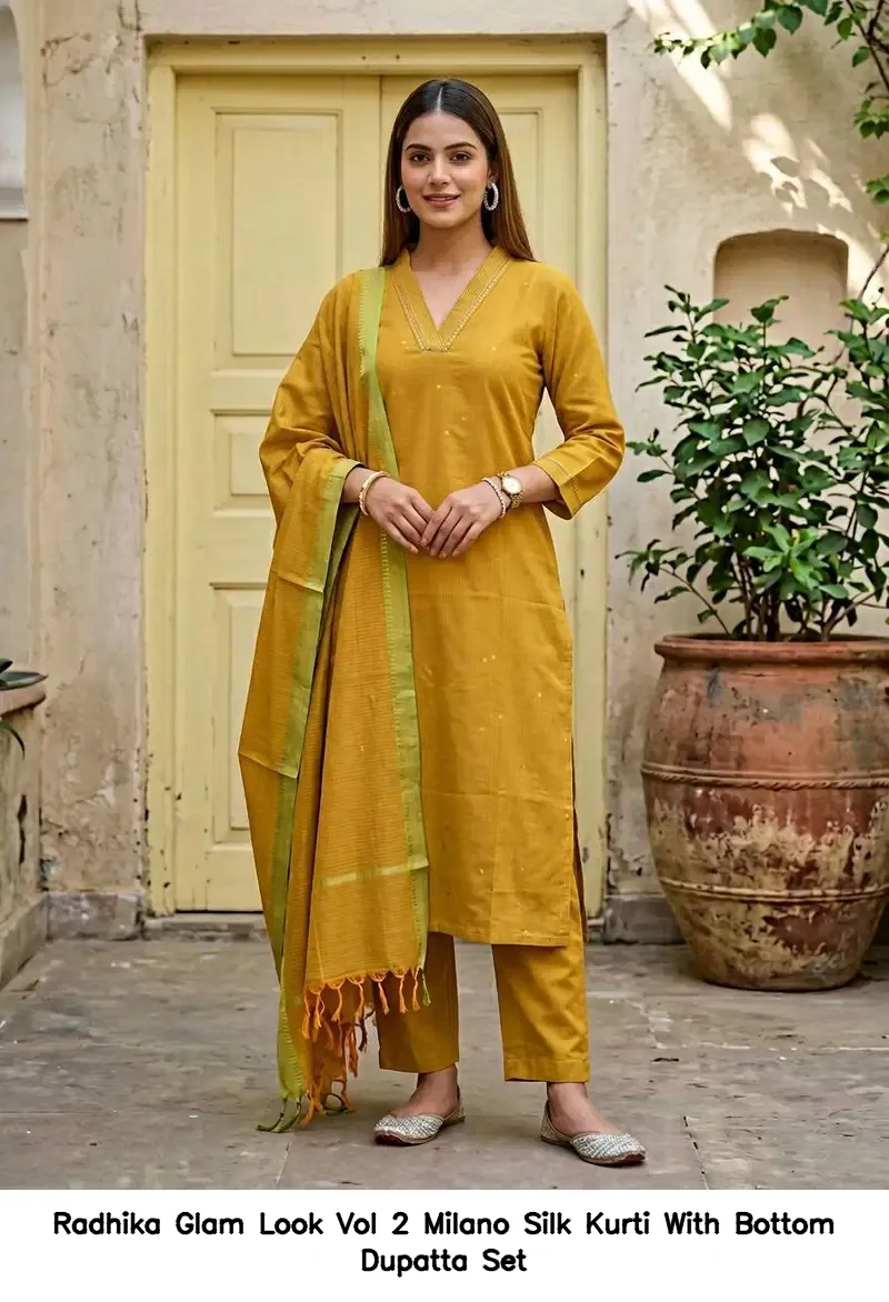 Radhika Glam Look Vol 2 Milano Silk Kurti With Bottom Dupatta Set — Wholesale Sharara Suits, Radhika wholesale from Surat - Gallery Image 3