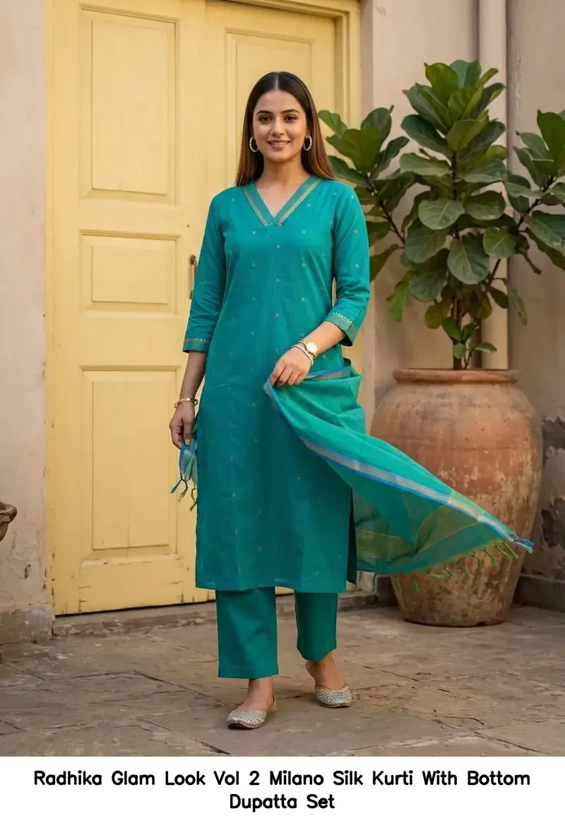Radhika Glam Look Vol 2 Milano Silk Kurti With Bottom Dupatta Set — Wholesale Sharara Suits, Radhika wholesale from Surat - Gallery Image 4