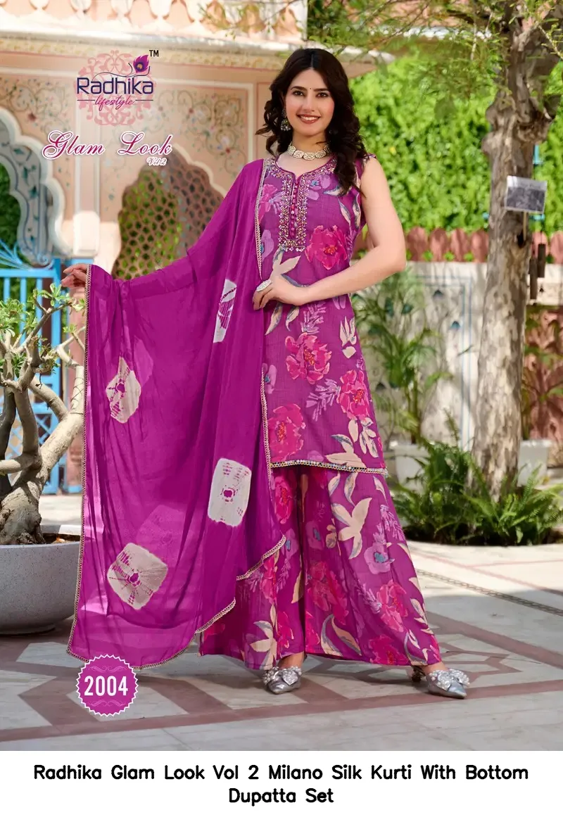 Radhika Glam Look Vol 2 Milano Silk Kurti With Bottom Dupatta Set — Wholesale Sharara Suits, Radhika wholesale from Surat - Gallery Image 6