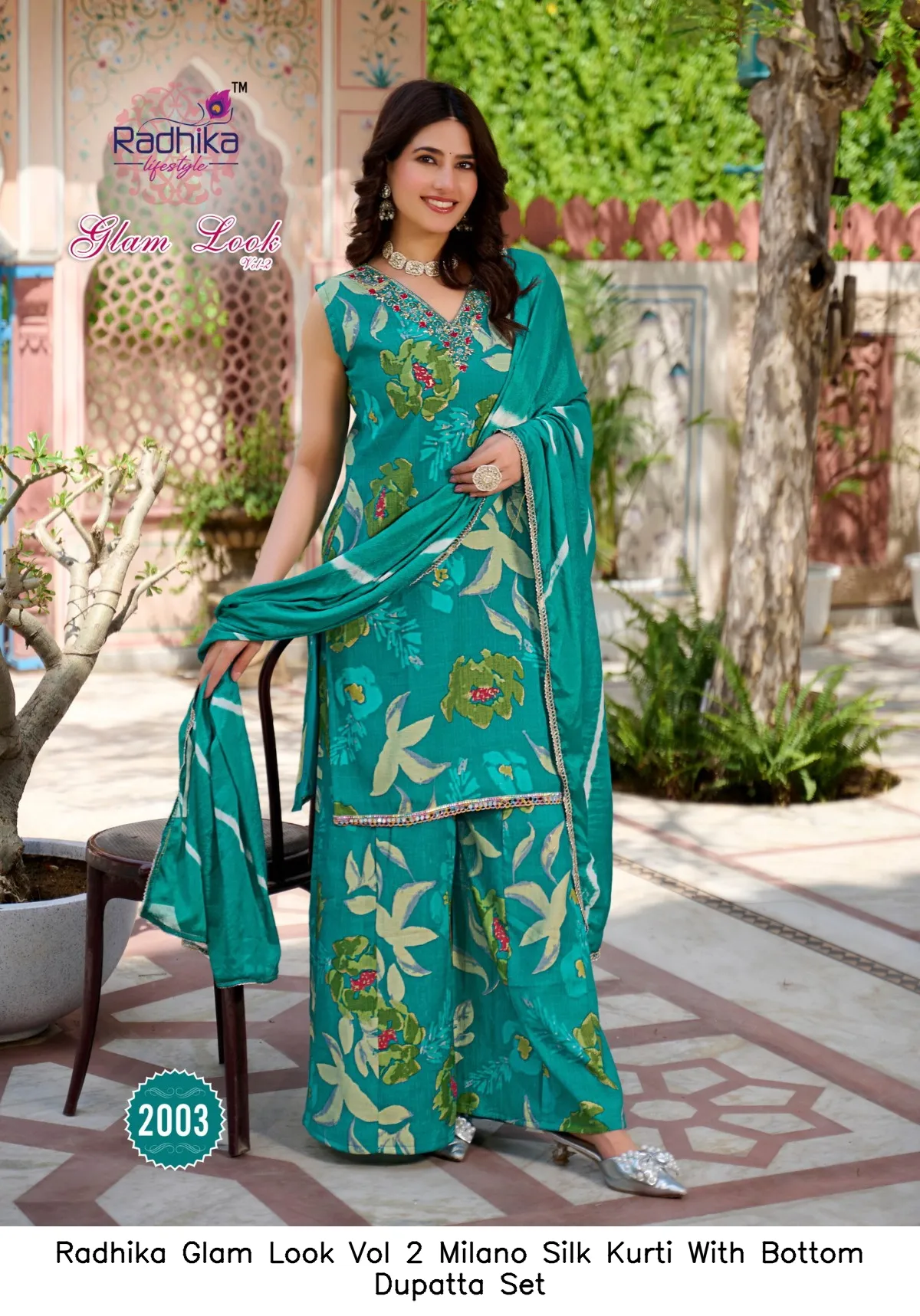 Radhika Glam Look Vol 2 Milano Silk Kurti With Bottom Dupatta Set — Wholesale Sharara Suits, Radhika wholesale from Surat — view 7