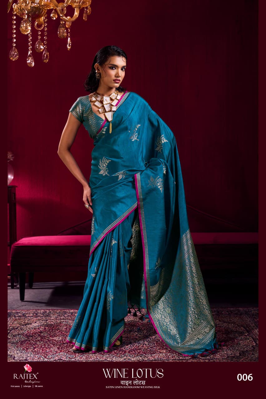 Rajtex Wine Lotus Satin Linen Handloom Weaving Silk Saree — Wholesale Sarees, rajtex wholesale from Surat — view 5