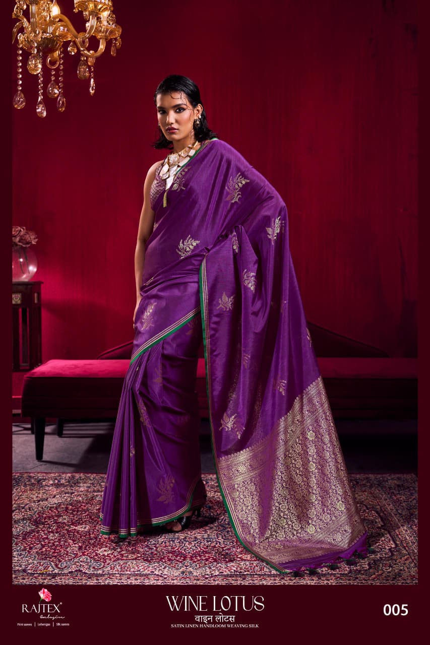 Rajtex Wine Lotus Satin Linen Handloom Weaving Silk Saree — Wholesale Sarees, rajtex wholesale from Surat — view 6