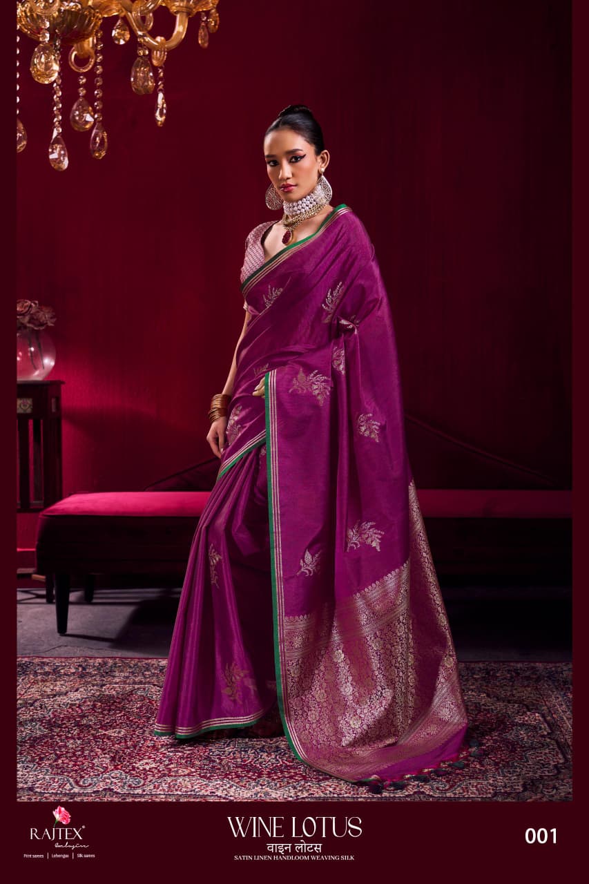 Rajtex Wine Lotus Satin Linen Handloom Weaving Silk Saree — Wholesale Sarees, rajtex wholesale from Surat — view 7