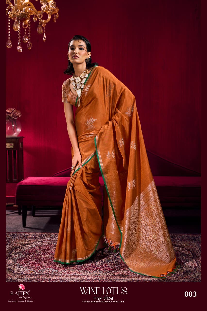 Rajtex Wine Lotus Satin Linen Handloom Weaving Silk Saree — Wholesale Sarees, rajtex wholesale from Surat — view 3