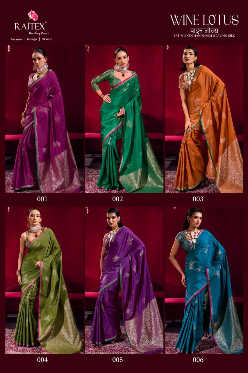 Rajtex Wine Lotus Satin Linen Handloom Weaving Silk Saree — Wholesale Sarees, rajtex wholesale from Surat — view 2