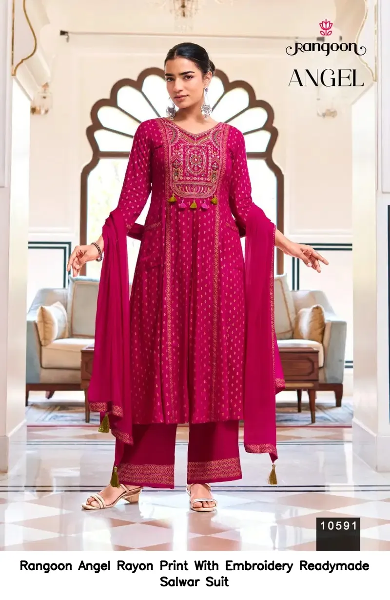 Rangoon Angel Rayon Print With Embroidery Readymade Salwar Suit — Wholesale Salwar Suits, Rangoon wholesale from Surat - Gallery Image 4