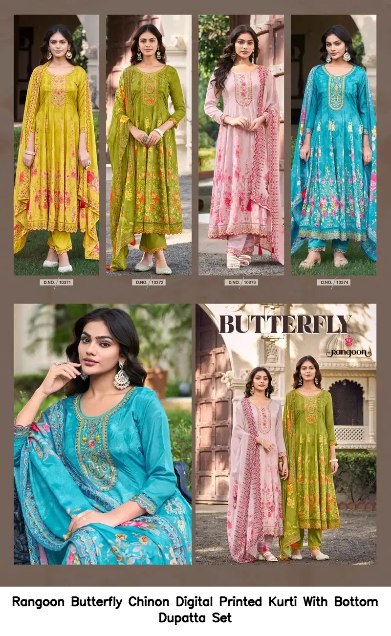 Rangoon Butterfly Chinon Digital Printed Kurti With Bottom Dupatta Set — Wholesale Readymade Suit, Rangoon wholesale from Surat - Gallery Image 2