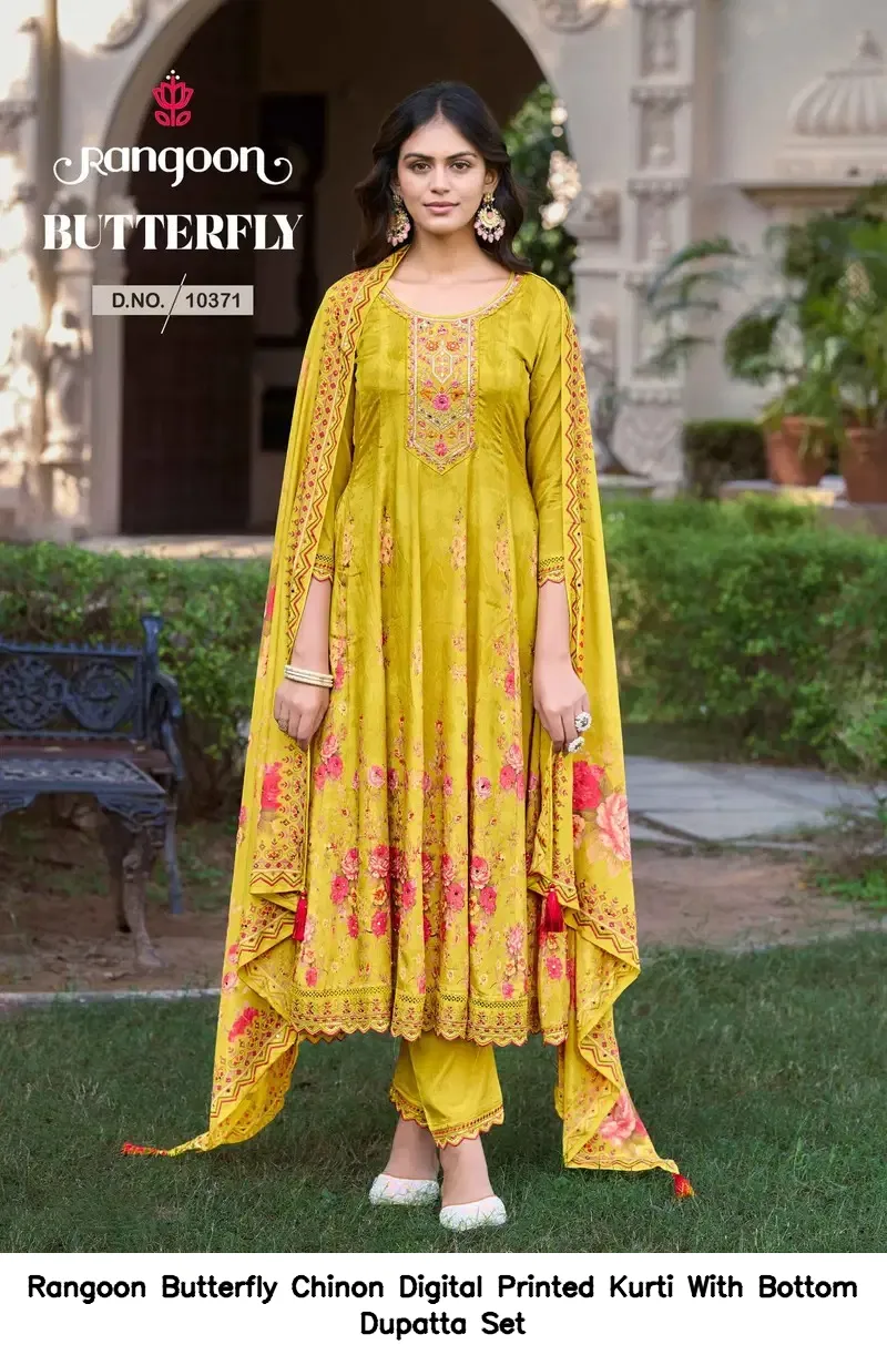 Rangoon Butterfly Chinon Digital Printed Kurti With Bottom Dupatta Set — Wholesale Readymade Suit, Rangoon wholesale from Surat - Gallery Image 3