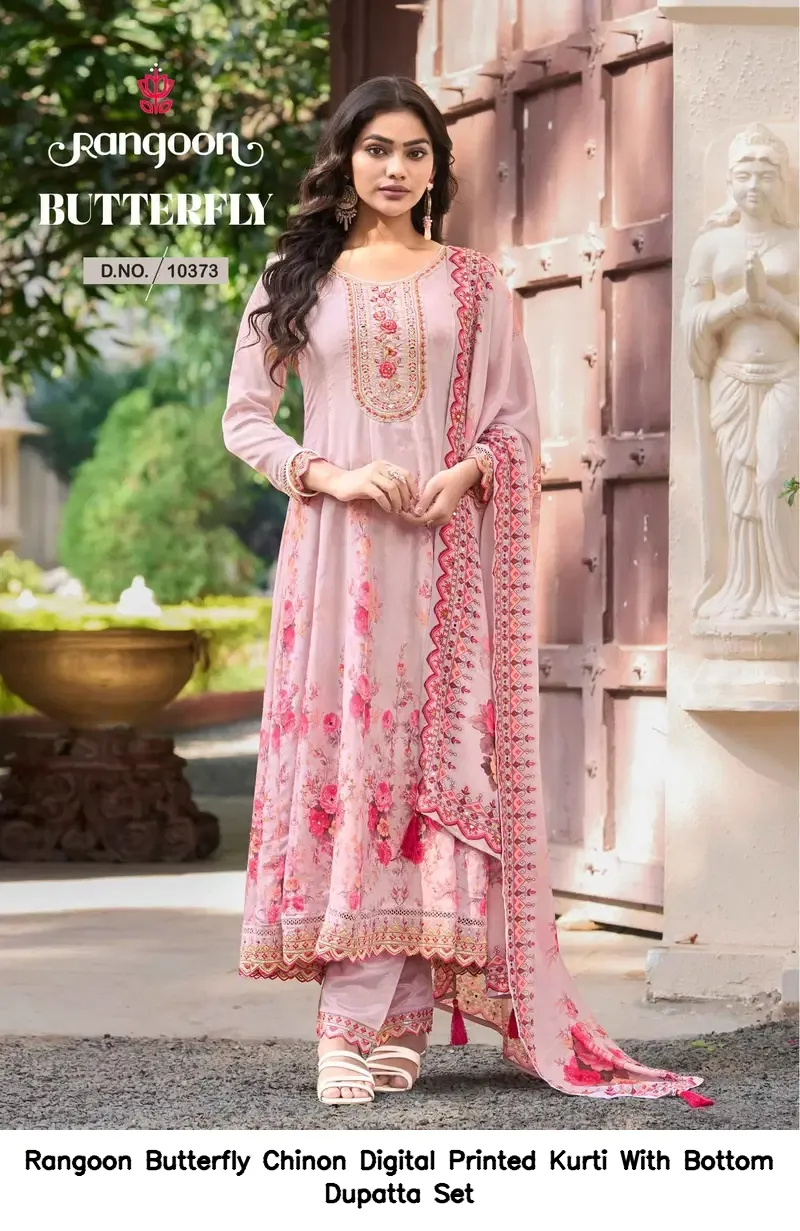Rangoon Butterfly Chinon Digital Printed Kurti With Bottom Dupatta Set — Wholesale Readymade Suit, Rangoon wholesale from Surat - Gallery Image 4