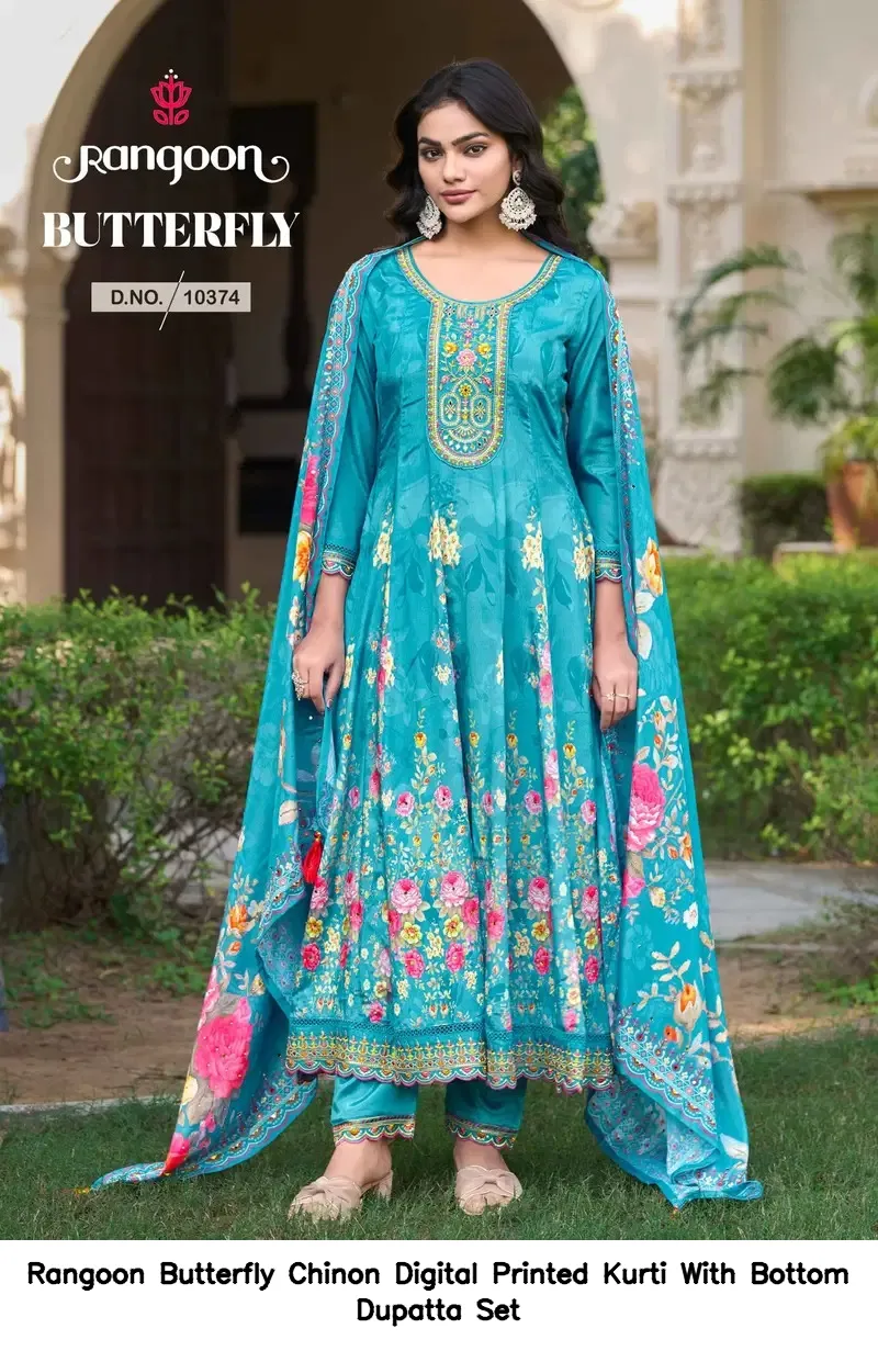 Rangoon Butterfly Chinon Digital Printed Kurti With Bottom Dupatta Set — Wholesale Readymade Suit, Rangoon wholesale from Surat — view 5