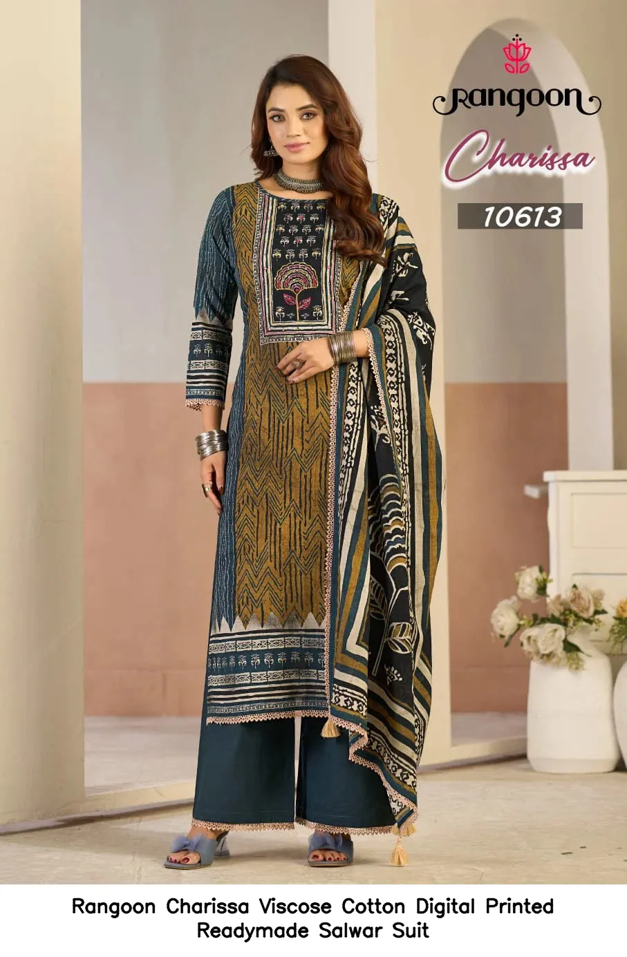 Rangoon Charissa Viscose Cotton Digital Printed  Readymade Salwar Suit — Wholesale Sharara Suits, Rangoon wholesale from Surat — view 3