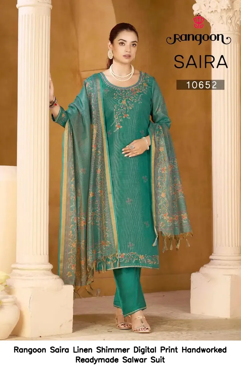 Rangoon Saira Linen Shimmer Digital Print Handworked Readymade Salwar Suit — Wholesale Readymade Suit, Rangoon wholesale from Surat — Photo 4