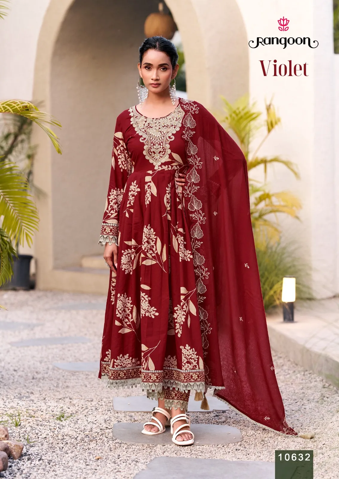 Rangoon Violet Cambric Cotton Thread Worked Anarkali Salwar Suit