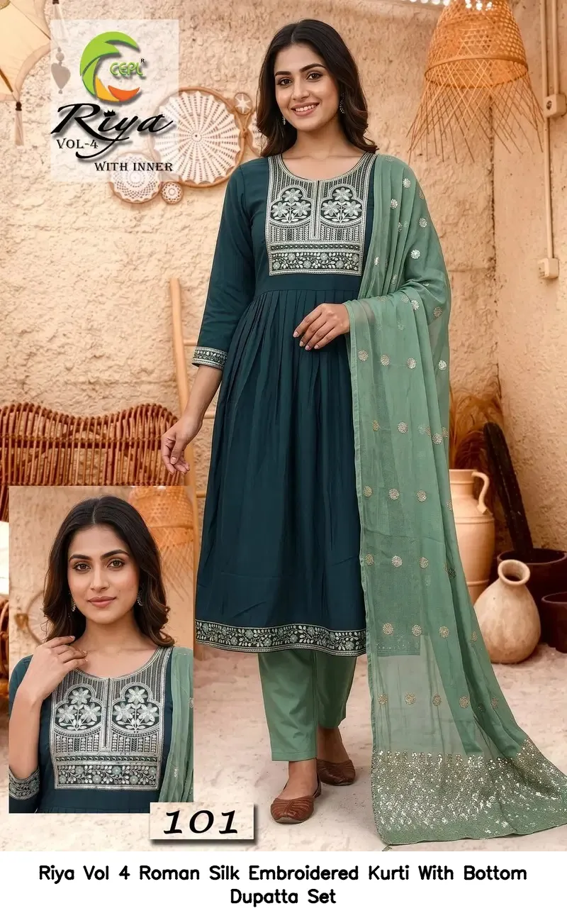 Riya Vol 4 Roman Silk Embroidered Kurti With Bottom Dupatta Set — Wholesale Kurti With Bottom Dupatta, Vardan Ethnic wholesale from Surat - Gallery Image 3