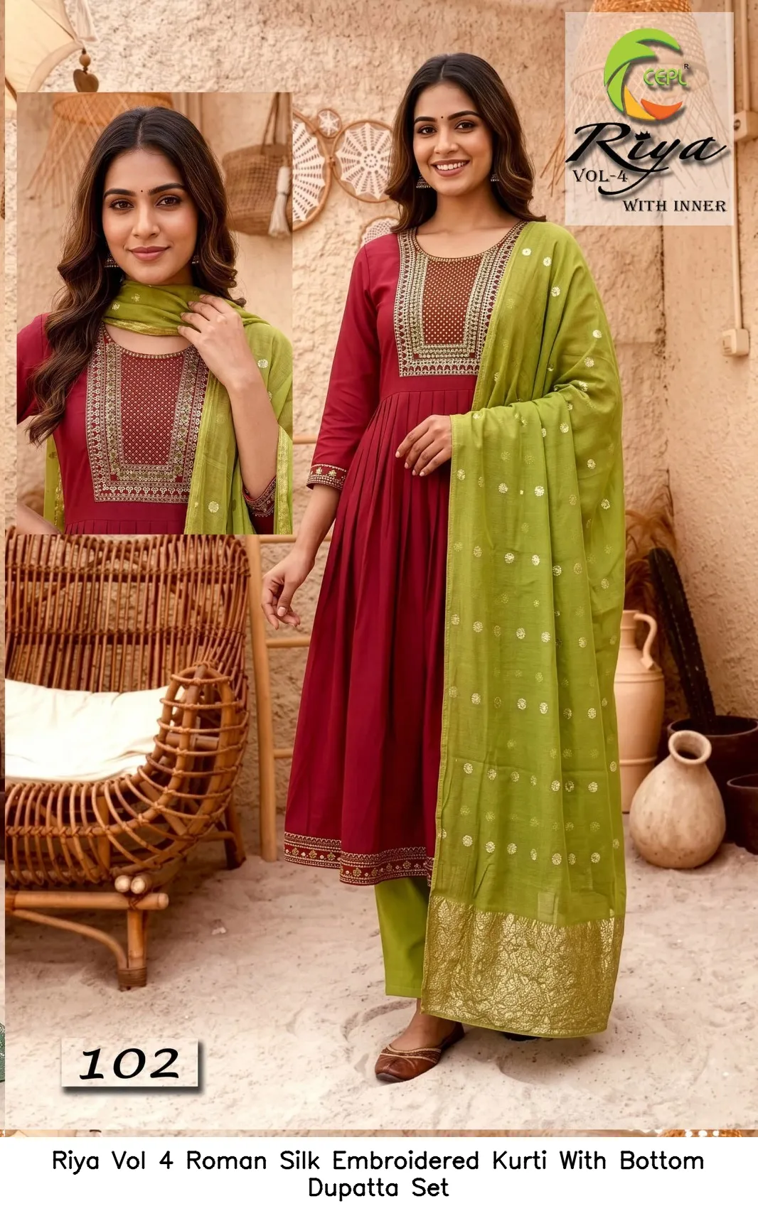 Riya Vol 4 Roman Silk Embroidered Kurti With Bottom Dupatta Set — Wholesale Kurti With Bottom Dupatta, Vardan Ethnic wholesale from Surat - Gallery Image 4