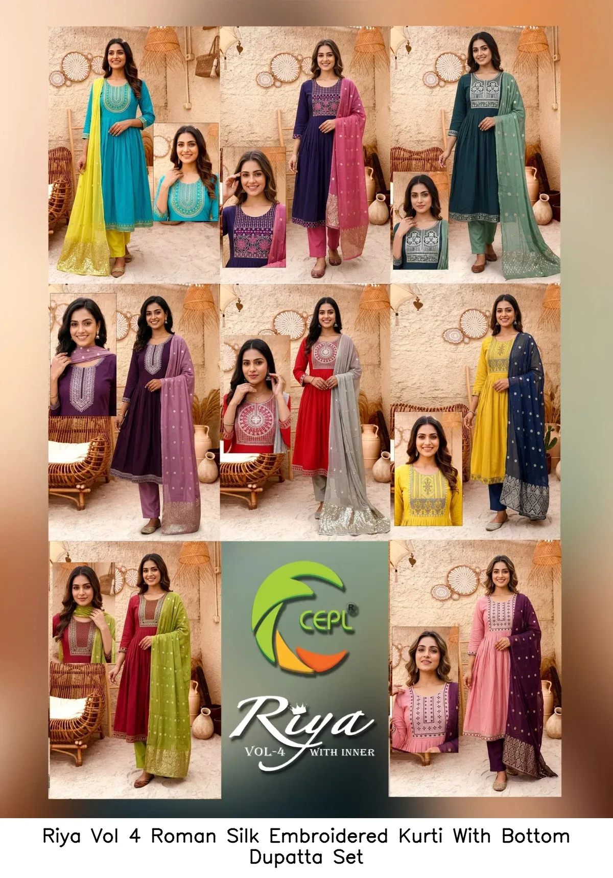 Riya Vol 4 Roman Silk Embroidered Kurti With Bottom Dupatta Set — Wholesale Kurti With Bottom Dupatta, Vardan Ethnic wholesale from Surat - Gallery Image 5