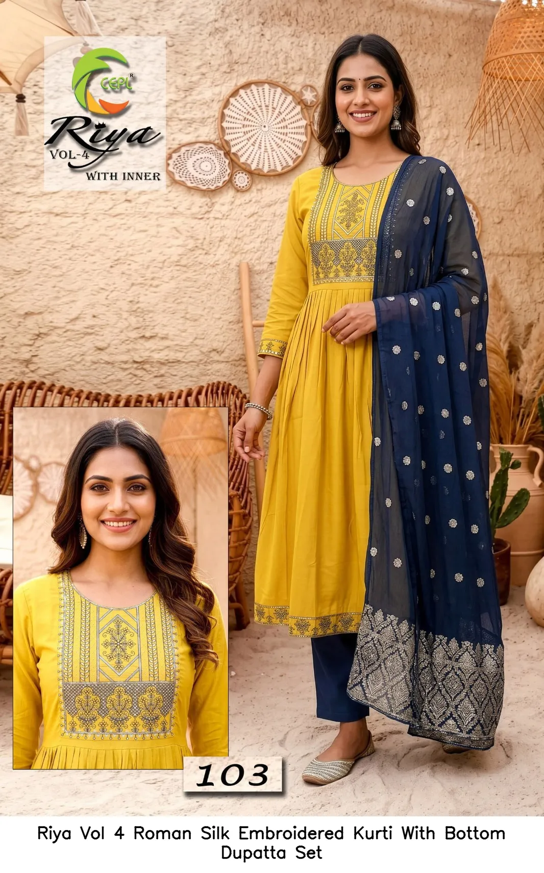 Riya Vol 4 Roman Silk Embroidered Kurti With Bottom Dupatta Set — Wholesale Kurti With Bottom Dupatta, Vardan Ethnic wholesale from Surat - Gallery Image 7