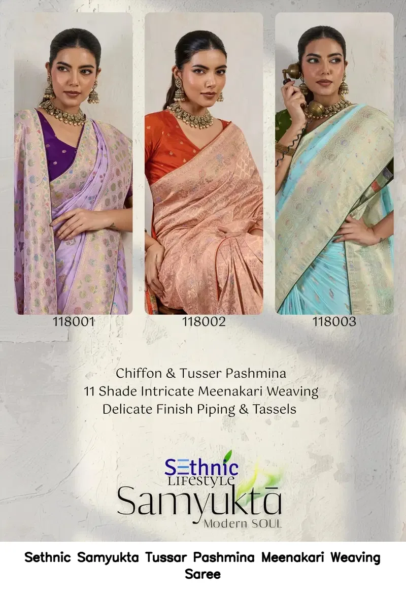 Sethnic Samyukta Tussar Pashmina Meenakari Weaving Saree — Wholesale Sarees, Sethnic wholesale from Surat - Gallery Image 4